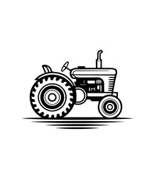 A black and white line art illustration of a vintage tractor with a circular design. The tractor's body is depicted with clean lines, showcasing its round shape and subtle details of the wheels and en