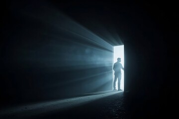 A man standing near an open door through which bright rays of light stream in.