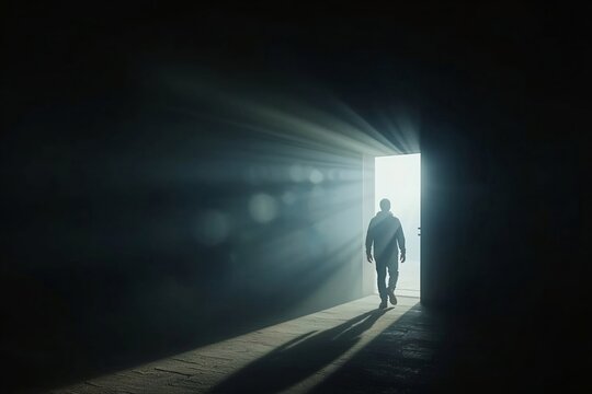 A man standing near an open door through which bright rays of light stream in.