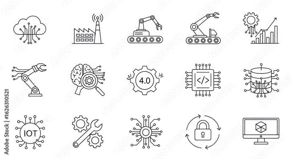 Wall mural collection of modern technology icons representing industry innovation automation artificial intelli