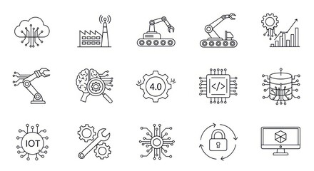 Collection of modern technology icons representing industry innovation automation artificial intelligence and digital transformation concepts