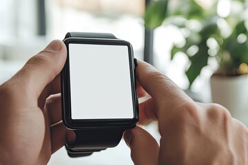 Business, Technology and People Concept Close Up of Male Hands Setting Smart Watch at Home