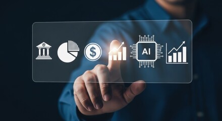 Businessman s finger touching a digital interface displaying financial icons and artificial intelligence chip symbol for business growth