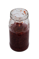 Glass jar with raspberry jam isolated on white background. Clipping path included.