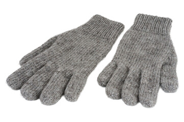 Gray wool gloves isolated on white background. Female accessory. Winter clothing.