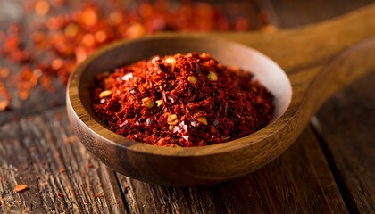 Red chili flakes in a wooden spoon