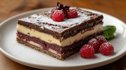 Layered cake with raspberries, dusted in powdered sugar