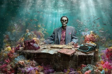 Skeleton Businessman Underwater Office Scene