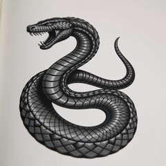 Illustration of a fierce coiled snake in black and white tattoo style