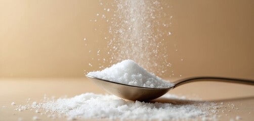 Silver spoon holds white sugar granules against neutral beige background. Minimalist scene fine powder texture, simple culinary element, grainy ingredient. Useful for cooking, baking, pantry concepts.
