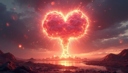 Explosion in heart shape illuminates sky with intense light, fiery particles. Powerful event creates mushroom cloud above calm body of water, rocky terrain. Scene, rendered in vibrant reds, oranges,