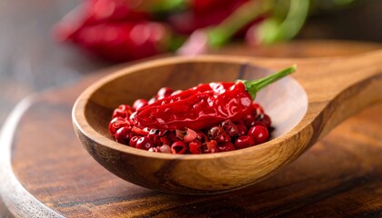 Red chili pepper and peppercorns in a wooden spoon