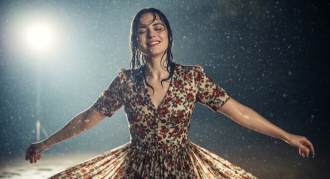 A woman in a floral dress joyfully spins in the rain, arms outstretched, illuminated by a bright light.