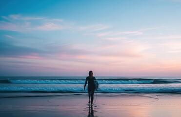 Early morning ocean scene with female surfer and prosthetic leg, surfboard in hand, pastel sky, peaceful reflective wet sand