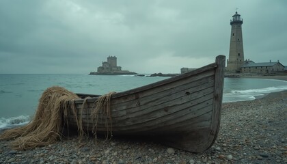Old weathered wooden boat rests on pebble shore near sea waves. Distant lighthouse structure and buildings on overcast day. Nautical seascape conveys solitude and calm with fishing net detail.