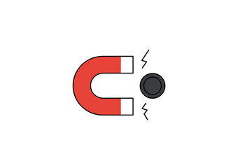 Magnetisms Pull Horseshoe magnet attracting a metal disc energy visualized with lightning bolts