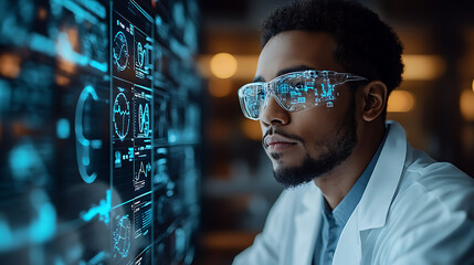 Doctor interacting with a transparent digital interface displaying health data and AI icons 