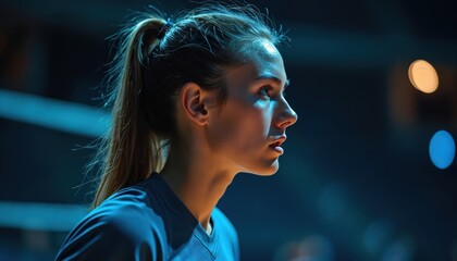 Female volleyball player determined face in close-up action shot. Intense focus on athletic performance, competitive spirit, match concentration. Sportswear worn, signifying fitness, active lifestyle.