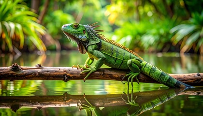 Iguana perches on river branch calmly