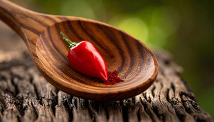 Red chili pepper in wooden spoon on rustic wood
