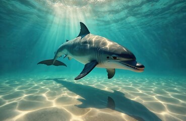 Fototapeta premium Close-up underwater view of dolphin swimming in clear blue ocean water above sandy seabed. Sun rays penetrate water creating shimmering patterns on ocean floor. Dolphin displays powerful fins, sharp