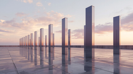 Futuristic metallic pillars stand in a row reflecting on a wet surface under a soft pastel sky at sunset