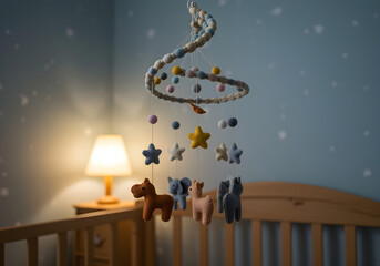 A handcrafted spiral mobile with felt animals hanging in a baby's nursery during a snowy winter afternoon, the room lit by a warm lamp, casting soft shadows on the wooden crib and pale blue walls, wi