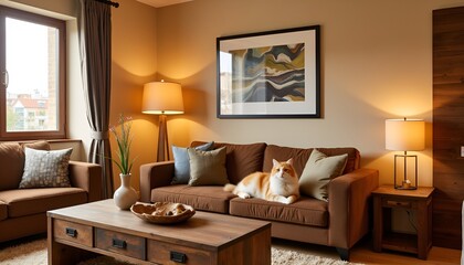 Fototapeta premium Cozy living room with cat lounging on brown sofa and lamps 