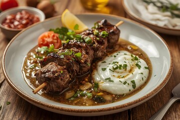 Delicious lamb skewers with creamy yogurt and fresh herbs