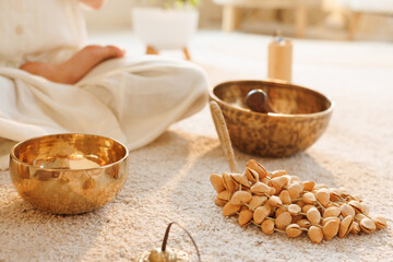 Natural Seed Shaker and Singing Bowls for Meditation Sound Healing and Spiritual Wellness Rituals