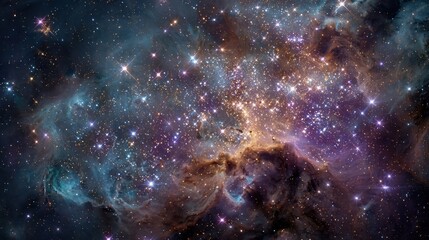 A vibrant nebula showcasing a multitude of stars in various colors and intensities, with swirling gas and dust clouds creating a cosmic landscape of intense beauty