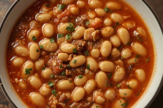 Hearty baked beans with ground meat and herbs