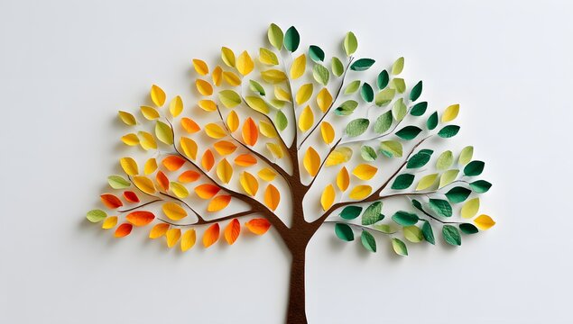 Vibrant paper cut tree with layered rainbow leaves on white background