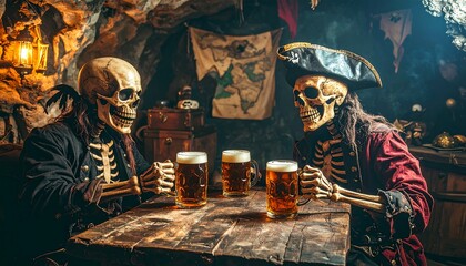 Two skeletal pirates enjoying a drink in a dimly lit cave tavern