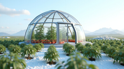 Glass dome greenhouse in field with surrounding crops and distant mountains in clear daylight