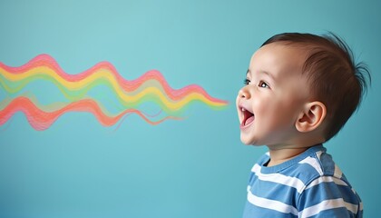 Joyful baby speaking with colorful sound waves emanating. Illustration shows childs happy expression communicating ideas, promoting learning, development. Vibrant visuals represent speech, voice,