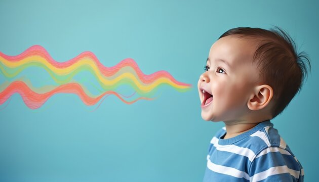 Joyful baby speaking with colorful sound waves emanating. Illustration shows childs happy expression communicating ideas, promoting learning, development. Vibrant visuals represent speech, voice,