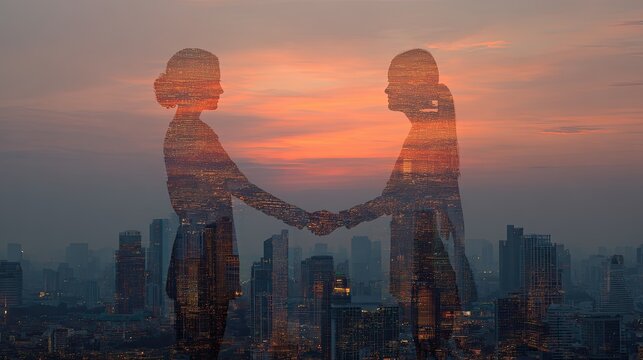 City Skyline Silhouette Handshake Sunset Collaboration - Powered by Adobe