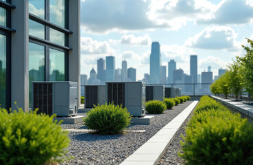 Fototapeta premium Rooftop air conditioning units with plants, set against city skyline backdrop on bright, clear day. Modern HVAC equipment signifies efficient cooling, architectural integration, vital for urban