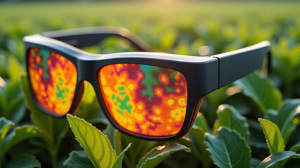 Augmented reality smart glasses showing heat map for crop health in futuristic agriculture setting