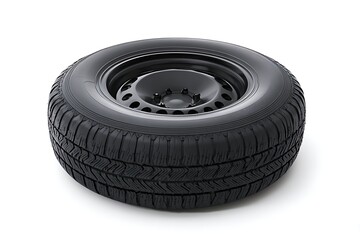 Obraz premium Automotive Black Tire on Wheel, Rubber Tread Pattern Isolated on White Background