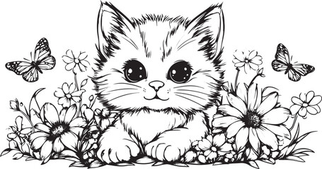 Charming sketch of a fluffy kitten with big eyes surrounded by delicate flowers and butterflies in a whimsical garden scene