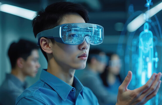 Young Chinese man uses futuristic VR goggles interacting with holographic interface. Wears casual clothes, displaying focus, innovation in modern office setting. Experience advanced technology for