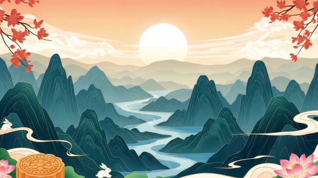 Illustration material with the theme of \Chinese style, landscape and Mid-Autumn Festival\