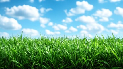 Obraz premium Lush green grass, bright sky, fluffy clouds