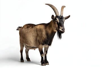 Bold goat with textured fur and horns against white background, highlighted by studio lighting.