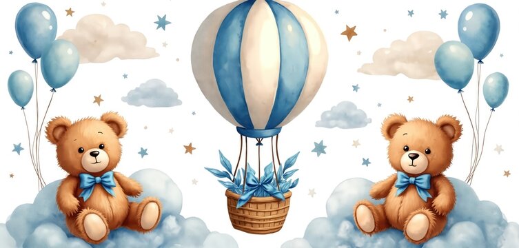 Cute teddy bears with blue bows fly in hot air balloons among clouds, stars. Adorable illustration for baby shower invitations, birthday cards, nursery decor. Whimsical watercolor art evokes joy,