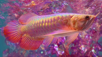 Iridescent arowana fish swims gracefully amid shimmering, gem-like formations in the water