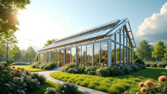 Greenhouse garden with glass roof beside house during sunrise with flowerbed in front - Powered by Adobe