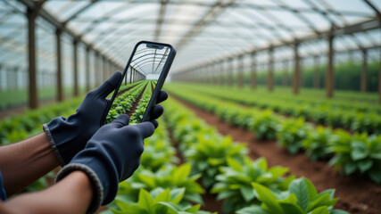 Hand holding smartphone inside greenhouse with smart farming app on screen monitoring crops